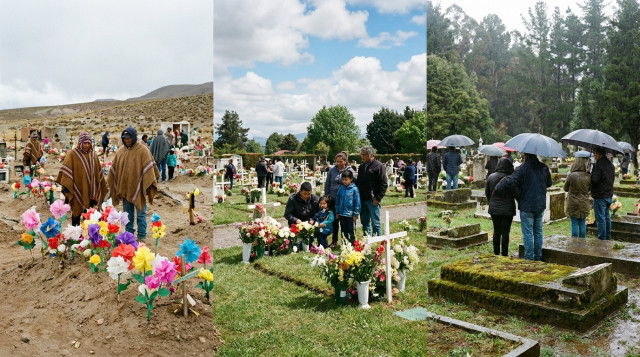 cementerio chileno el 1 de noviembre con flores y paraguas, para ilustrar cómo cambia el 1 de noviembre según la geografía del país