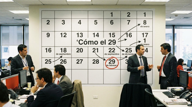 diagrama del calendario mostrando 29 de febrero resaltado y flechas que desplazan las fechas como 18 de septiembre, 25 de diciembre y 1 de enero, con texto sobreimpreso 'Cómo el 29