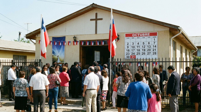 templo evangélico chileno con fieles reunidos en la puerta durante el Día de las Iglesias Evangélicas y Protestantes, con calendario de octubre al fondo