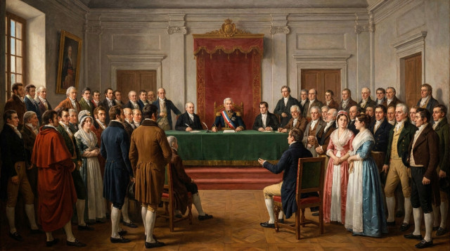 ilustración histórica del cabildo abierto del origen del 18 de septiembre de 1810 en el Real Consulado de Santiago, con vecinos reunidos y la Primera Junta