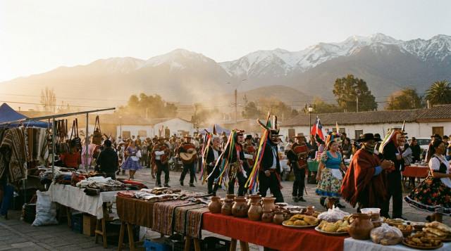 plaza de un pueblo chileno durante una fiesta local exclusiva, con puestos artesanales, una procesión en segundo plano y montañas al fondo, luz de tarde