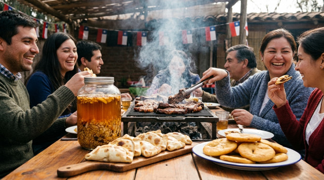 mesa larga en una ramada con empanadas de pino, asado a la parrilla, mote con huesillos en jarra y sopaipillas en un plato, banderitas chilenas discretas de fondo