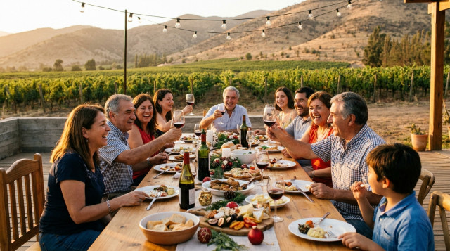 familia chilena celebrando Navidad y Año Nuevo en Chile al aire libre en un patio de zona central al atardecer con mesa larga y luces
