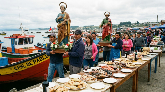 feriado de San Pedro y San Pablo en Chile, con imágenes de los dos apóstoles, las llaves de Pedro y la espada de Pablo junto a una caleta chilena
