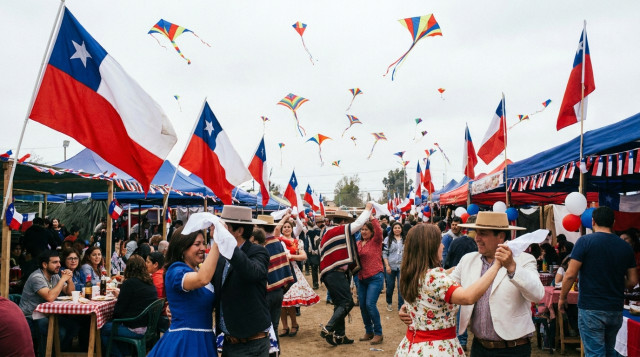 detalle de una fonda con banderas ondeando, volantines en vuelo y personas bailando cueca, colores azul blanco rojo bien visibles