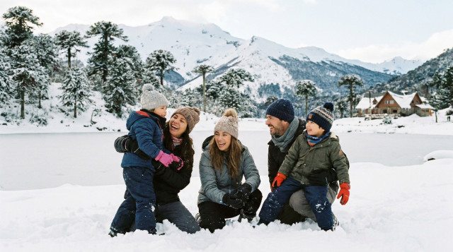 familia chilena abrigada frente a un paisaje nevado de la cordillera durante las vacaciones de invierno en Chile