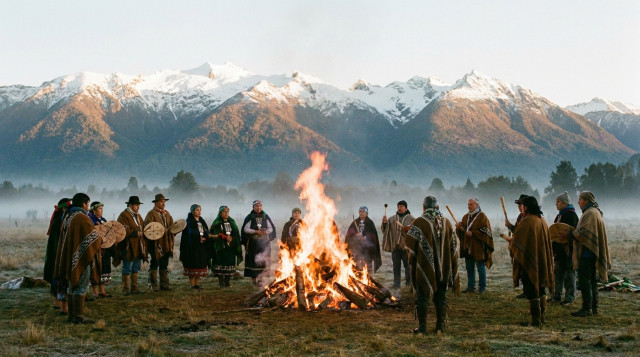 comunidad reunida al amanecer en un campo del sur de Chile para el We Tripantu, con fogata y cordillera al fondo
