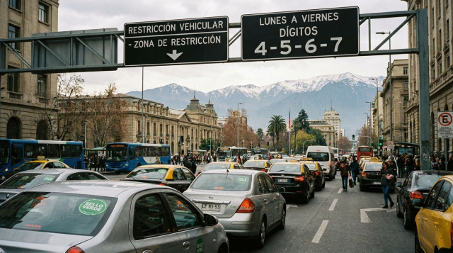 Una calle concurrida en el centro de Santiago con señales de tránsito que indican el inicio de la zona de restricción vehicular y el flujo de autos con sello verde