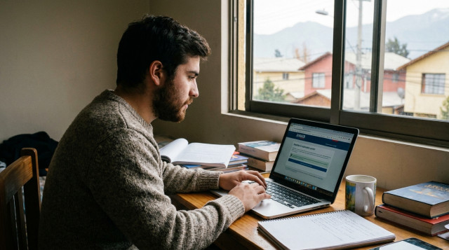 Un estudiante chileno utilizando un computador portátil para completar su postulación a las Becas Junaeb en un escritorio con libros