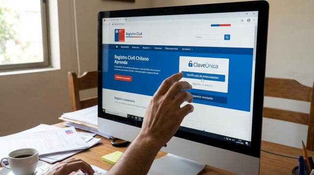 Captura de pantalla del sitio web del Registro Civil de Chile mostrando la opción para descargar el certificado de antecedentes con ClaveÚnica