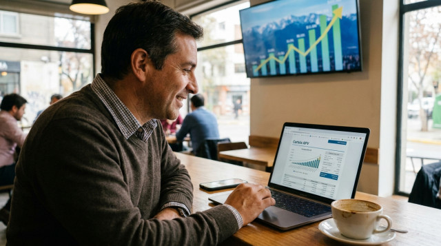 Un trabajador chileno revisando su cartola de ahorro previsional voluntario en un computador mientras toma un café, con gráficos de crecimiento financiero de fondo