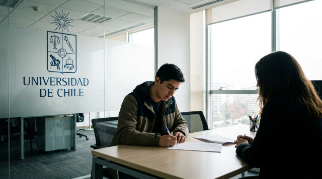 Un estudiante chileno firmando documentos legales en una oficina moderna con el logo de una institución educativa de fondo, representando el proceso de firma del Crédito con Aval d
