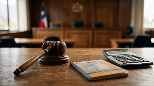 Un mazo de juez sobre una mesa de madera junto a una libreta de ahorros y una calculadora, simbolizando el proceso legal de la pensión de alimentos en Chile