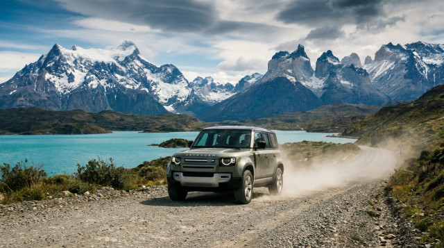 Un vehículo 4x4 recorriendo un camino de ripio en la Carretera Austral con montañas nevadas y un lago turquesa de fondo