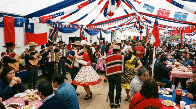Una fonda tradicional chilena decorada con guirnaldas y banderas, con personas disfrutando de comida típica y parejas bailando cueca en el centro