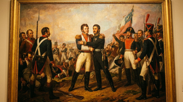 Óleo histórico que representa el Abrazo de Maipú entre Bernardo O'Higgins y José de San Martín tras la victoria definitiva