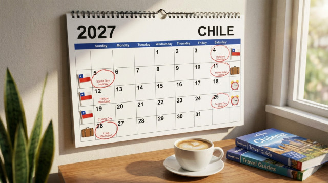 calendario de pared marcado en 2027 con feriados destacados en rojo, banderas de Chile pequeñas y iconos de maleta y reloj para simbolizar fines de semana largos y planificación