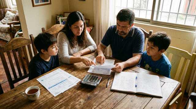 Una familia chilena revisando sus cuentas mensuales con una calculadora y una libreta sobre una mesa de comedor de madera