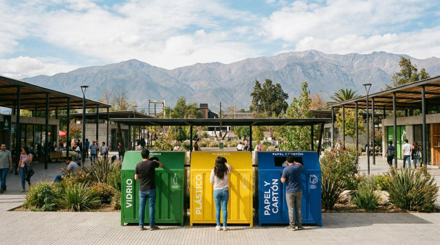 Estación de reciclaje moderna en una plaza chilena con contenedores de colores para vidrio, plástico y papel, con la cordillera de los Andes al fondo y señalética clara en español