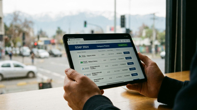 primer plano de una persona usando una tablet para comparar precios del seguro obligatorio SOAP en un sitio web chileno
