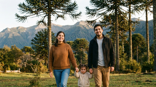Una pareja chilena joven caminando de la mano con un niño pequeño por un parque con araucarias al fondo, representando la unión familiar en Chile