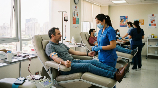 Un donante de sangre sentado en un sillón clínico en un hospital chileno mientras una enfermera supervisa el proceso de extracción segura