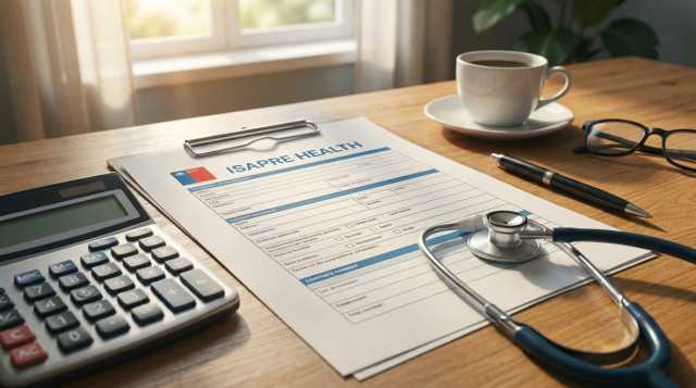 Un formulario de contrato de salud de una Isapre chilena sobre un escritorio con una calculadora y un estetoscopio