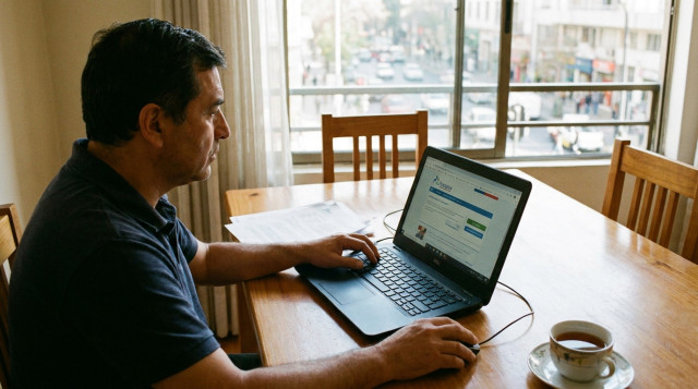 Un ciudadano chileno utilizando un computador para realizar su afiliación al sistema de salud pública FONASA en Chile a través del portal digital