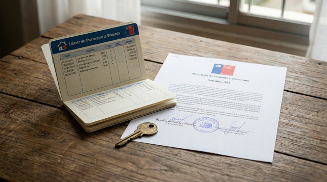 Una libreta de ahorro para la vivienda junto a una llave de casa y un documento oficial del subsidio DS1 sobre una mesa de madera