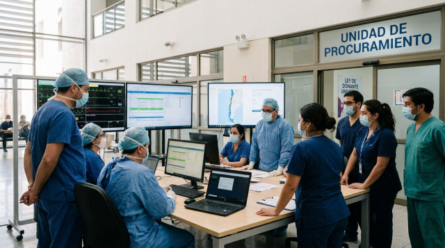 personal médico en un hospital chileno coordinando un proceso de procuramiento de órganos bajo la ley de donante universal