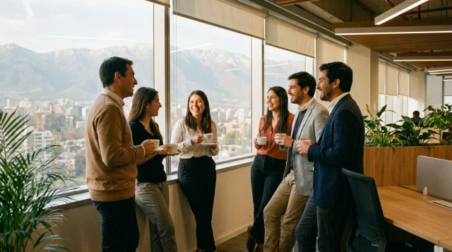 Un grupo de trabajadores chilenos en una oficina moderna compartiendo un café frente a un ventanal con vista a la cordillera, simbolizando el tiempo libre ganado con la ley de 40 h