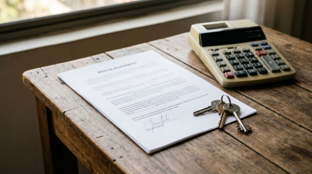 Un contrato de arriendo firmado sobre una mesa con llaves de casa y una calculadora para representar la Ley de Arriendo en Chile