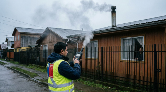 Un inspector de la Seremi de Salud revisando el humo de una chimenea en una zona residencial bajo restricción de leña