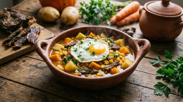 Un plato de charquicán chileno servido en una paila de greda humeante, con un huevo frito encima y decorado con perejil fresco