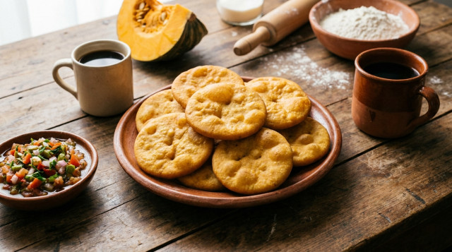 Un plato de greda con sopaipillas chilenas doradas recién fritas, acompañadas de un pocillo de pebre y una taza de café sobre una mesa de madera rústica