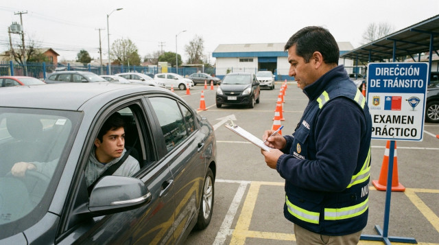 Un examinador municipal con una tabla de evaluación observando a un joven conductor estacionando un vehículo durante el examen práctico de conducir en Chile