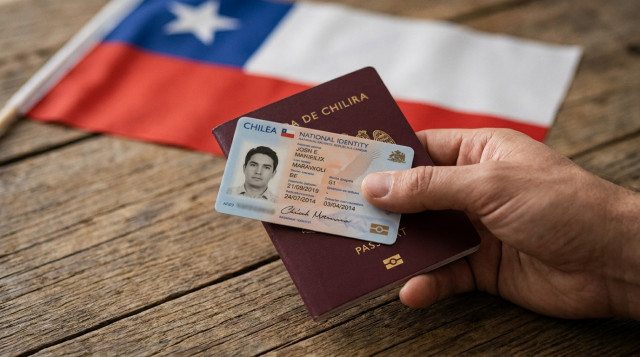 Un primer plano de una mano sosteniendo una cédula de identidad chilena y un pasaporte chileno sobre una mesa de madera, con una bandera de Chile desenfocada al fondo