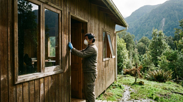 Persona con mascarilla y guantes ventilando una cabaña de madera en el sur de Chile para prevenir el Virus Hanta