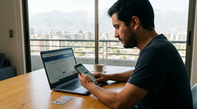 Un ciudadano chileno activando su Clave Única en un computador portátil mientras consulta el código de activación en su teléfono móvil