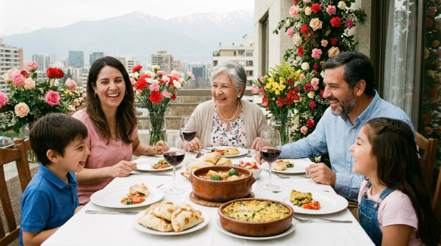 Una familia chilena disfrutando de un almuerzo tradicional en una terraza decorada con flores para celebrar el Día de la Madre