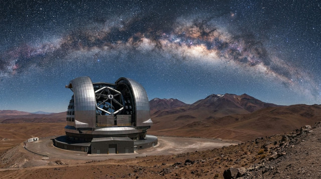 Un telescopio de alta tecnología bajo un cielo estrellado nítido en el desierto de Atacama, mostrando la Vía Láctea sobre las montañas chilenas