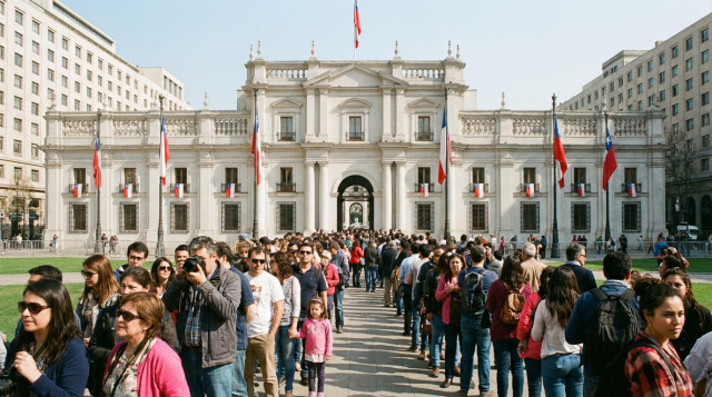 Una multitud de personas haciendo fila frente al Palacio de La Moneda en Santiago de Chile durante el Día del Patrimonio, con arquitectura neoclásica y banderas chilenas visibles