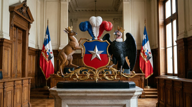 El Escudo Nacional de Chile en alta resolución mostrando al cóndor y al huemul con sus coronas navales sobre un fondo institucional