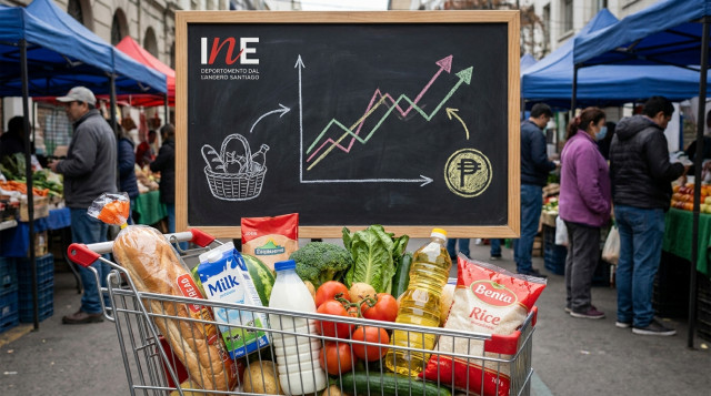 Un carrito de compras lleno de productos básicos frente a una pizarra con el logo del INE y gráficos de precios, representando qué es el IPC en Chile