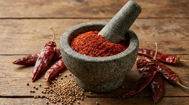 Un mortero de piedra tradicional con merkén rojo intenso, rodeado de ajíes cacho de cabra secos y semillas de cilantro sobre una mesa de madera rústica