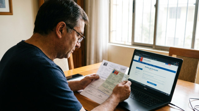 Un conductor chileno revisando los documentos de su vehículo, incluyendo el SOAP y la revisión técnica, frente a un computador para pagar el permiso de circulación online