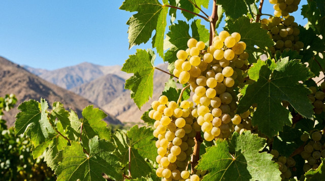 Un primer plano de racimos de uva Moscatel de Alejandría bajo el sol intenso del Valle del Elqui, con hojas verdes vibrantes y montañas áridas de fondo