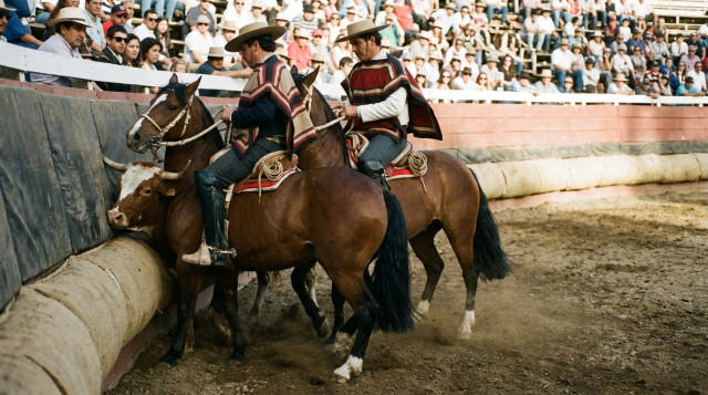 Una collera de huasos realizando una atajada en la medialuna durante el rodeo chileno