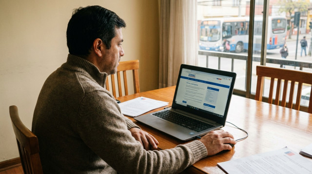 Un ciudadano chileno utilizando un computador para ingresar al portal del SERNAC y realizar un reclamo online