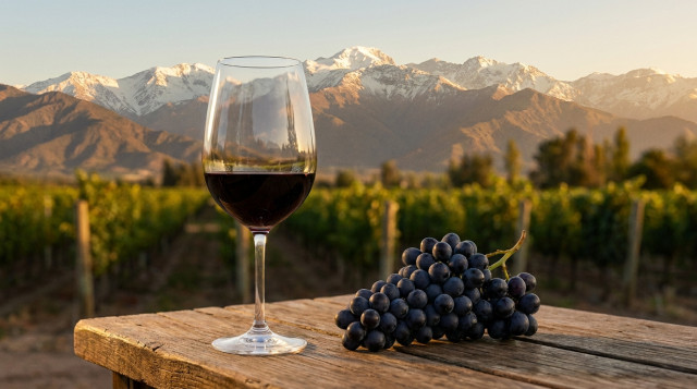 Una copa de vino tinto Carmenere junto a un racimo de uvas oscuras en un viñedo chileno con la cordillera de fondo